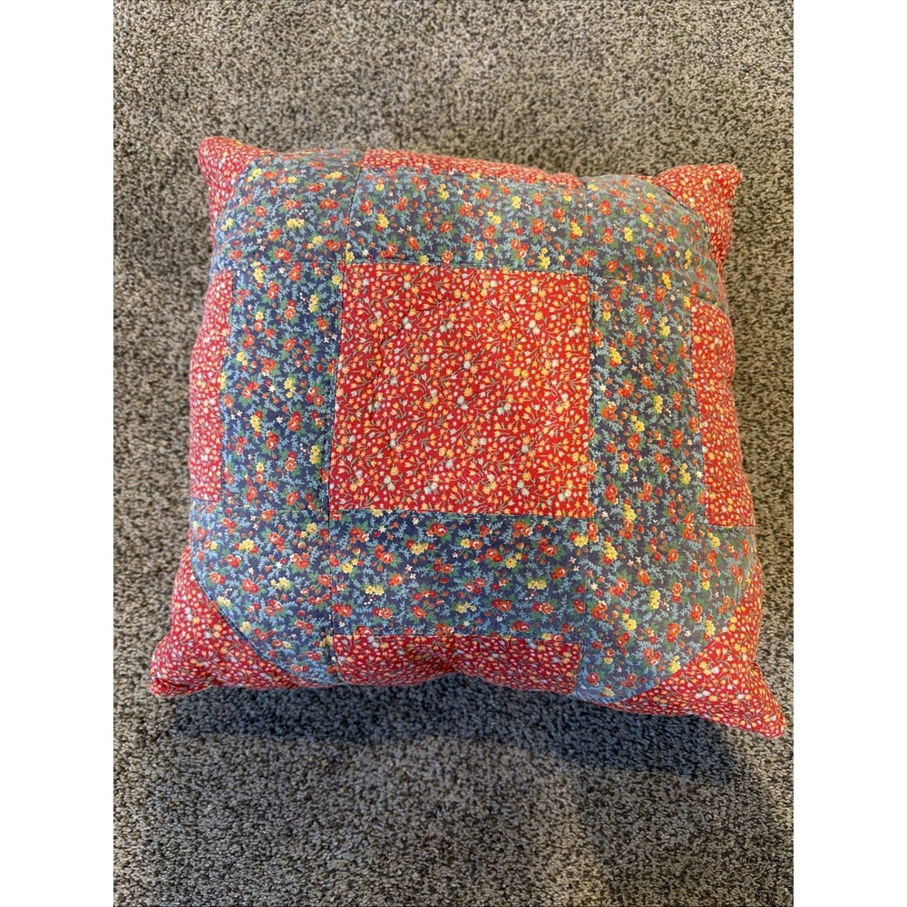 Vtg Quilt Square Homemade Pillow 14" Square Red Blue Ditsy Florals